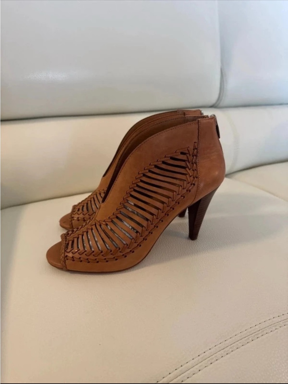 VINCE CAMUTO WOVEN PEEP-TOE HIGH HEEL BOOTIES IN BROWN